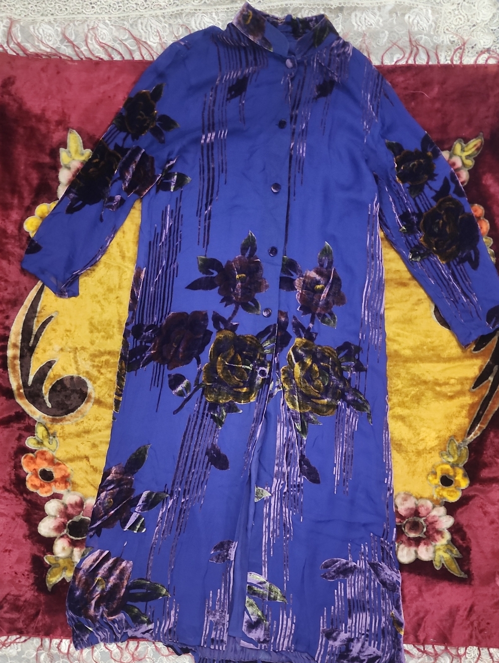RARE Vintage!! Lucy Silk Maxi Kimono Duster Jacket With Velvet Details
